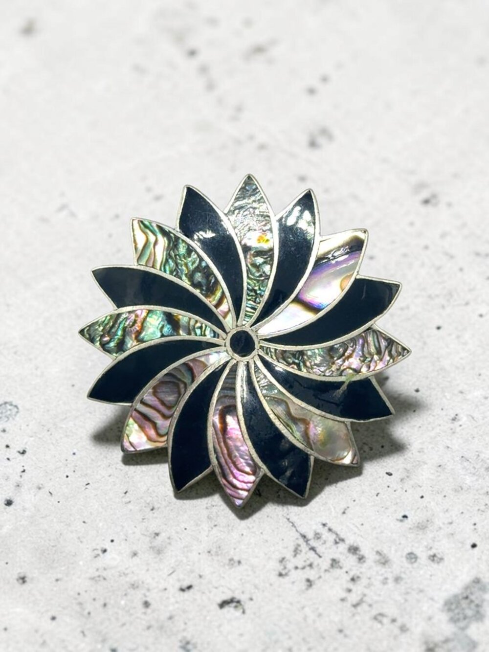 Vintage Mexico Black Onyx and Abalone Brooch